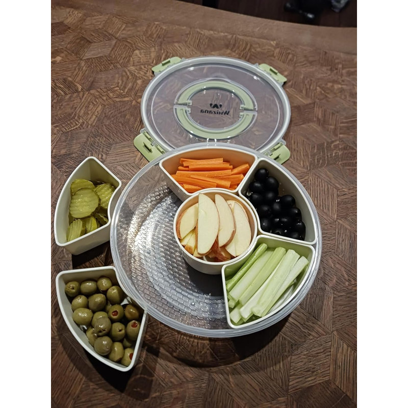 Contenant à collation divisé avec couvercle, boîte à collation ronde à 6 compartiments avec poignée, plateau de collation portable pour les fruits, apéritifs et collations de fête, sans BPA, va au micro-ondes et au lave-vaisselle