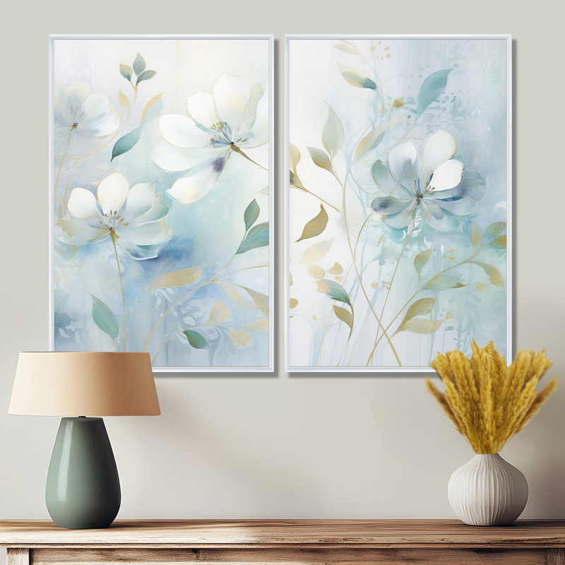 Blue Botanical Rhythms I - Art mural bleu 2 panneaux, 36" H x 48" W, Reproduction encadrée sans passe-partout, Blanc
