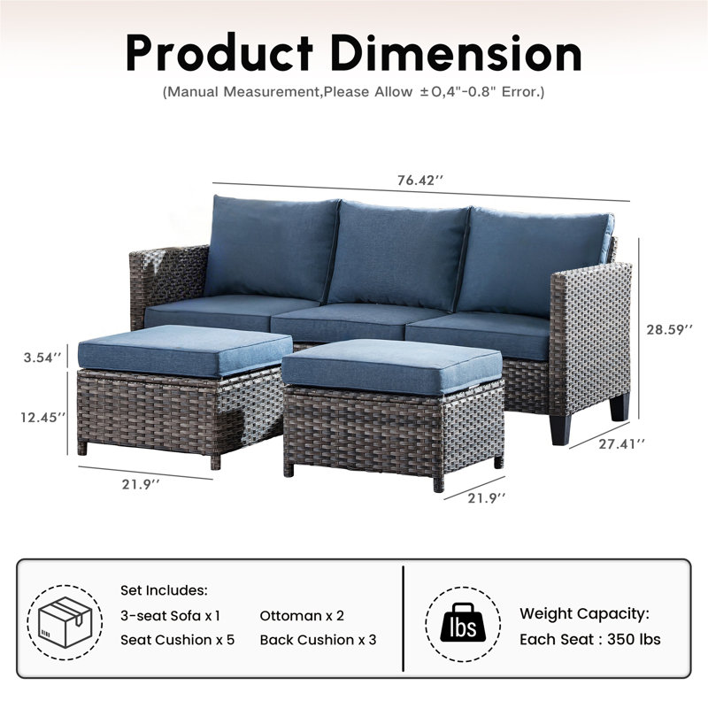 Ensemble de conversation modulaire en rotin 3 pièces avec coussins Allcot, Bleu