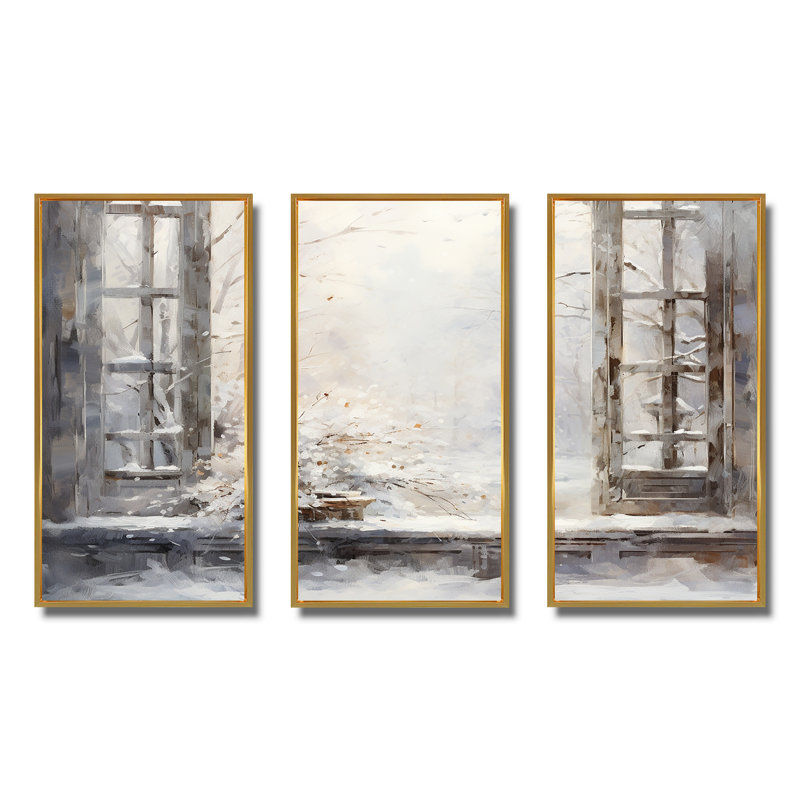 «Snow by the Winter Window View 2 - Japon», art mural, Cadre flottant doré, H 28 po x l 36 po x P 1 po
