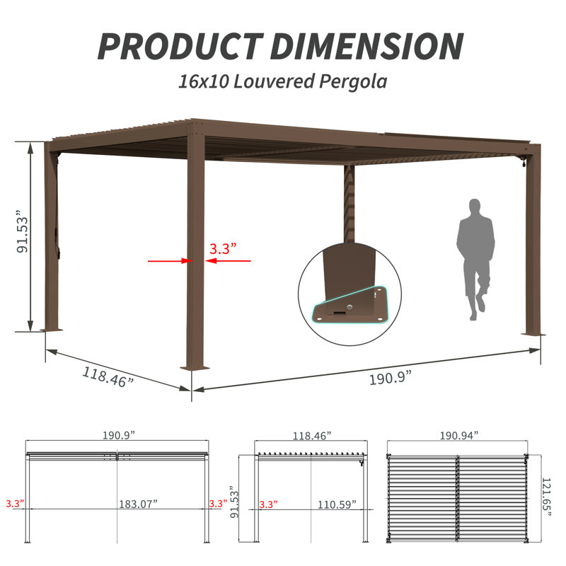 16 ft. W x 10 ft. D Outdoor Aluminum Pergola with Louvered Roof