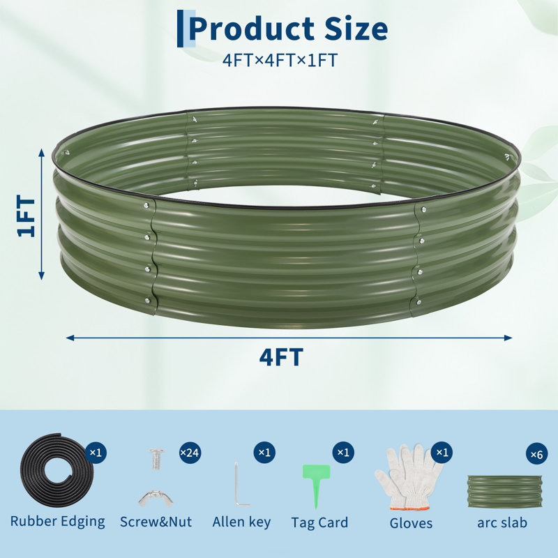  4*4*1ft Galvanized Raised Garden Bed Kit, Round Metal Planter Box w/ Open Base, Green, 1pc, Green