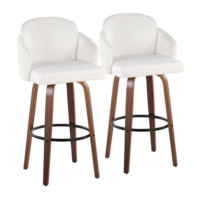 Tabouret de bar pivotant à hauteur fixe en velours crème avec pieds en bois de noyer et détails en métal doré - ensemble de 2