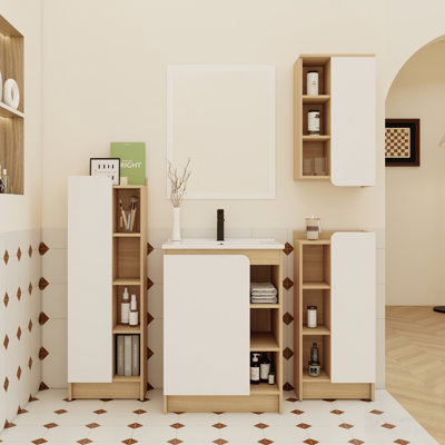 4-Piece Light Bathroom Vanity Set With Thin-Edge Ceramic Sink, Ample Storage, And Dual-Colour Door Panels For Versatile Styling