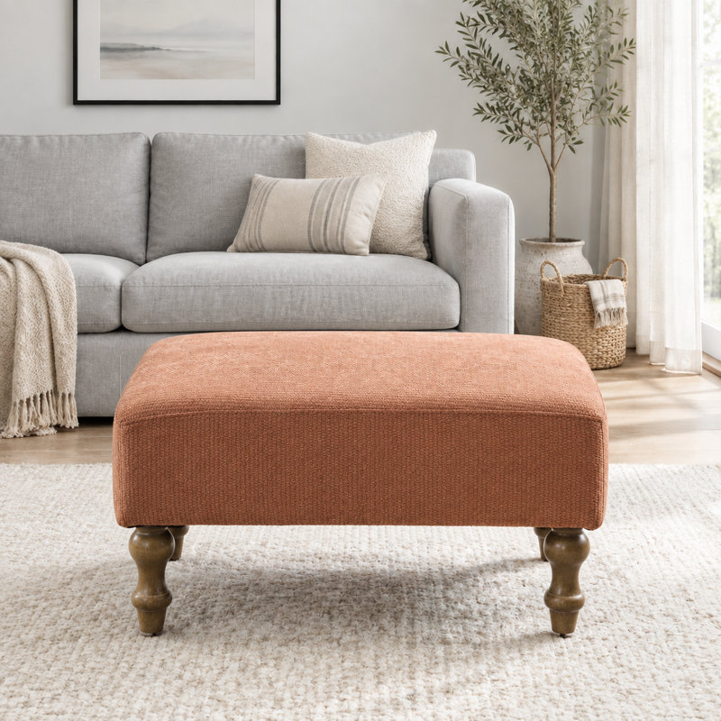 Pouf ottoman moderne en chenille rembourrée de 74 cm de large avec pieds en bois massif, Orange