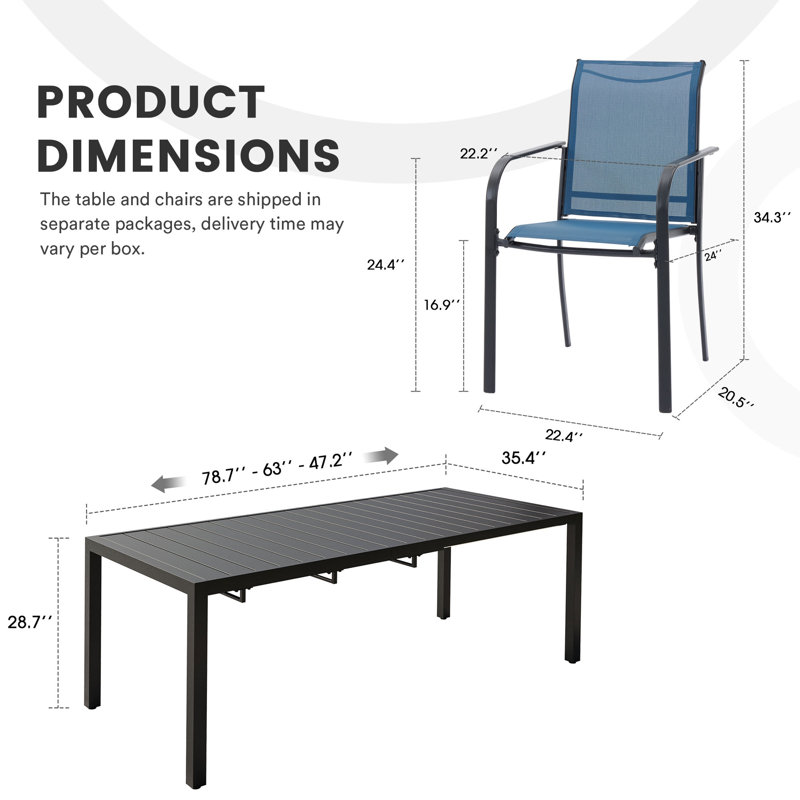 Abdelrahmane Rectangular Extendable 8 - Person 78.7" Long Outdoor Dining Set with Stackable Chairs, Blue