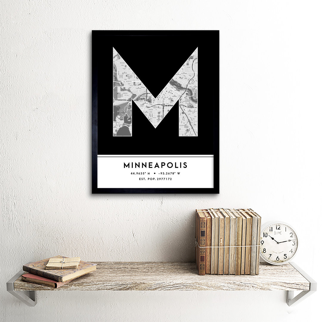 Minneapolis City Map Minneapolis Black & White by Wee Blue Coo - Single Picture Frame Typography