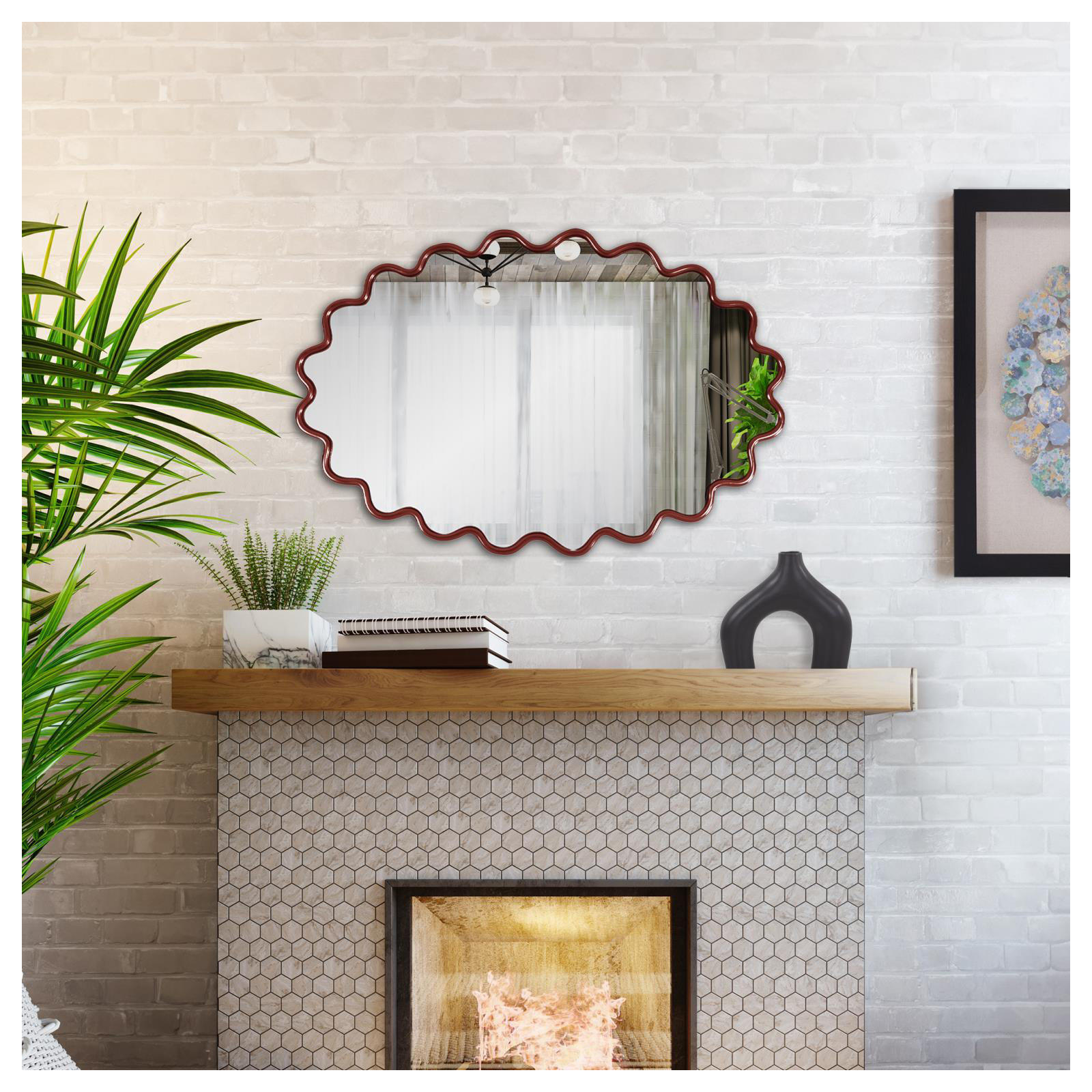 Modern Wavy Framed Oval Wall Mirror, Dark Red