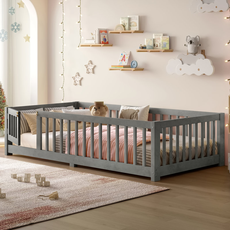 Twin Size Bed Floor Bed with Safety Guardrails and Door for Kids, Wood grain gray., Twin