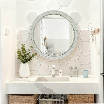 Round Distressed White Wood Beaded Wall Mirror, 23.62" Farmhouse Vintage Accent Mirror For Bathroom, Bedroom, Entryway, Shabby Chic Decorative Mirror