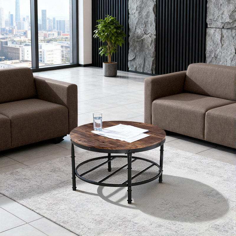 31.89In Double-Layer Round Fire-Burned Wood PVC Density Board Panel, Black Base With Silver Pattern Powder-Coated Iron Frame Coffee Table