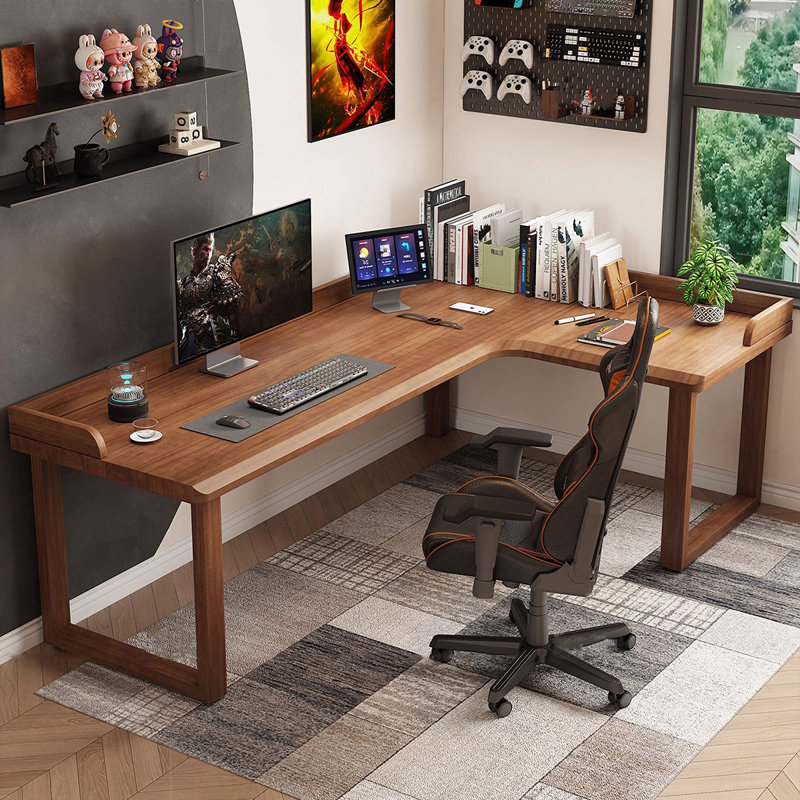 Nut-brown L-Shaped Solid Wood writing desk, 29.53" H x 78.74" W x 55.12" D, Nut Brown, Right Hand Return