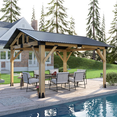 Pavillon de jardin extérieur en bois l 13 pi. X P 11 pi. Pavillon de jardin en aluminium galvanisé robuste