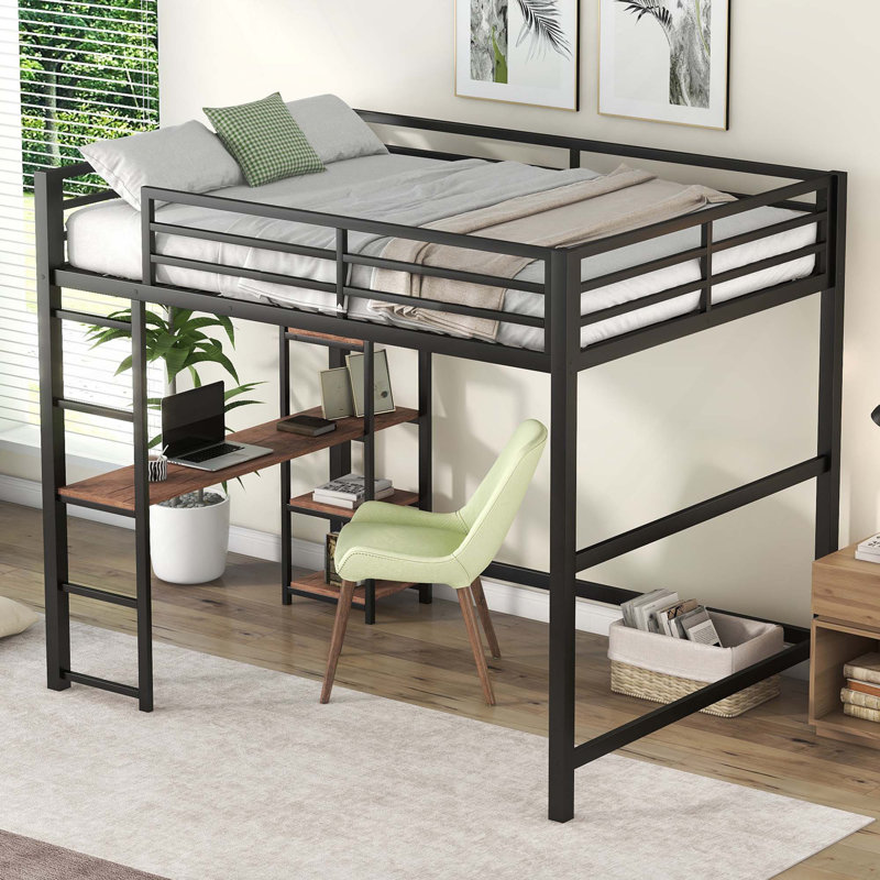 Lit mezzanine en métal avec bureau intégré et tablettes de rangement