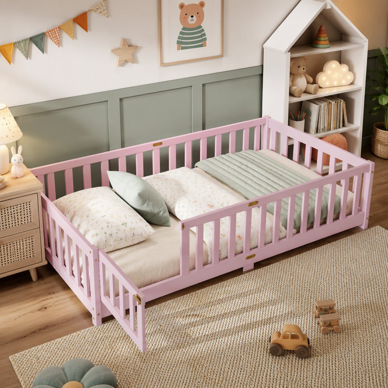 Lit simple au sol avec garde-corps de sécurité et porte tournante rose, parfait pour les enfants et les espaces compacts