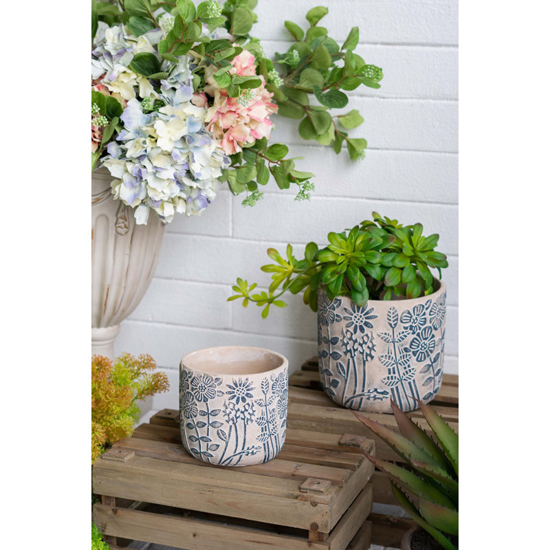 S / 2 pots de fleurs gris sable et ciment avec motif floral
