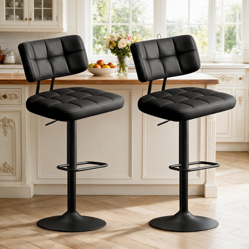 Tabourets de bar pivotants de 19,3 po de largeur, recouverts de similicuir, hauteur de comptoir réglable, avec repose-pieds, coussin épais et dossier incurvé (ensemble de 2)