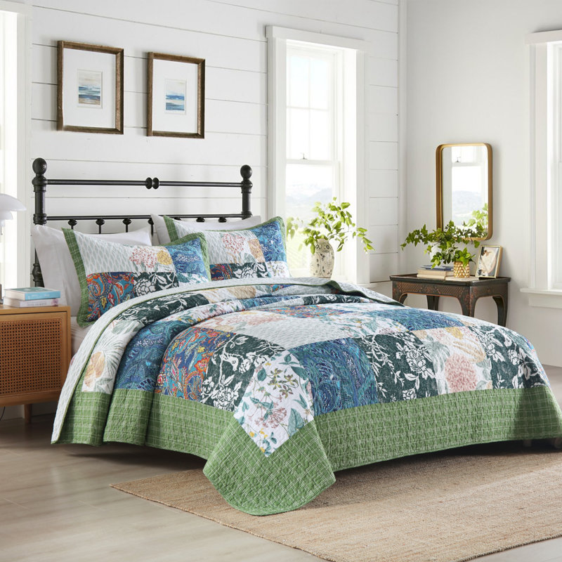 Ensemble de courtepointe réversible 100% coton à motif floral, Vert, Édredon pour grand lit + 2 taies décoratives