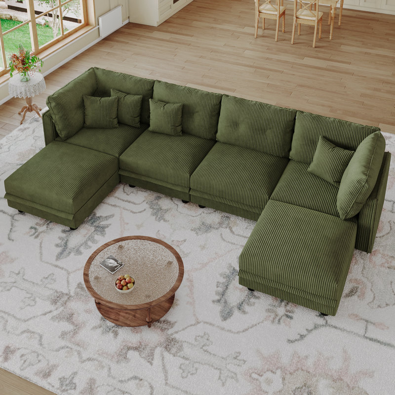 Degennaro 6 Seat Corduroy Convertible Modular Sectional Sofa With Storage, Green Corduroy