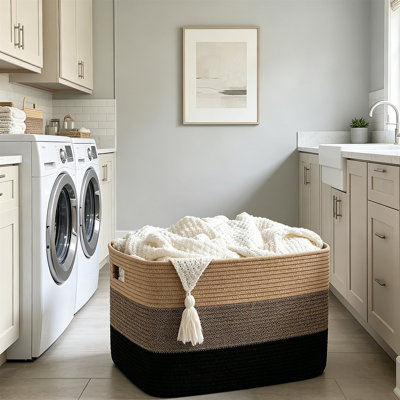 Grand panier à linge en corde de coton 22 po x 17 po x 12 po, panier de rangement rectangulaire avec poignées robustes, pliable et lavable à la machine, pour couvertures, jouets, serviettes, pour le salon, la chambre à coucher et la chambre de bébé