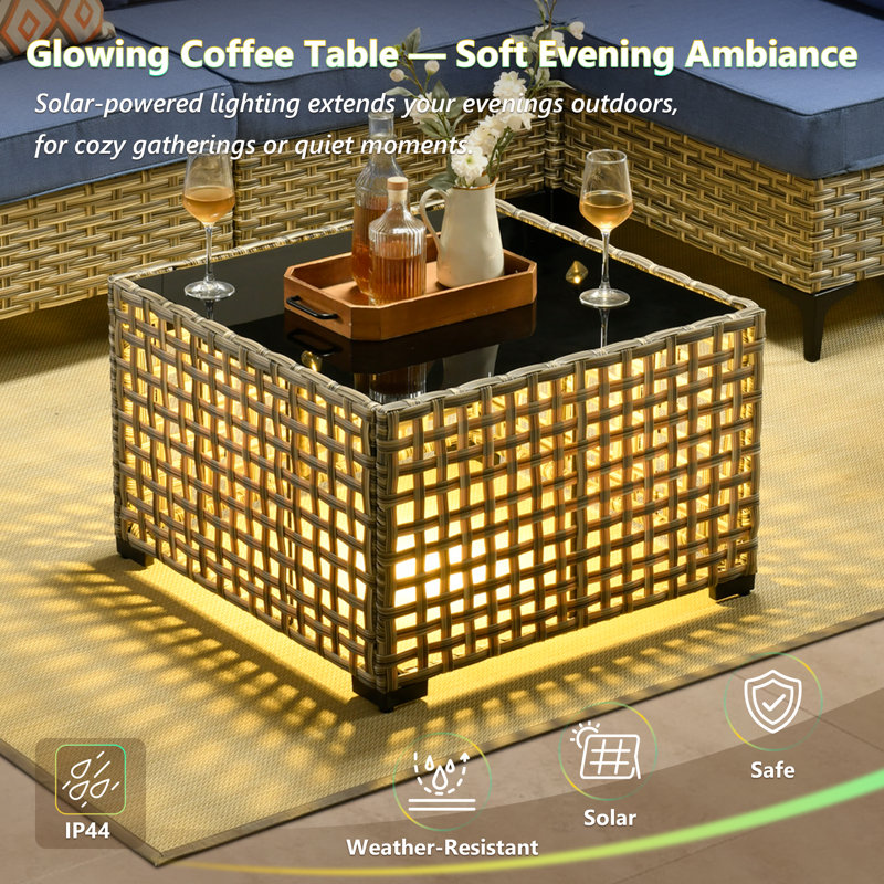 Sorella 11-Piece PE Wicker Outdoor Patio Furniture Set with 54" Propane Fire Pit Table & Solar-Powered Lighting, Denim Blue