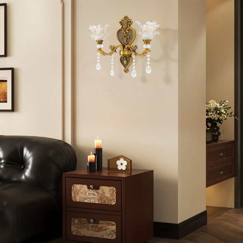 Applique murale vintage à motif floral avec pendentifs en cristal, lampe de chevet dorée E12 avec 2 abat-jours pour chambre à coucher