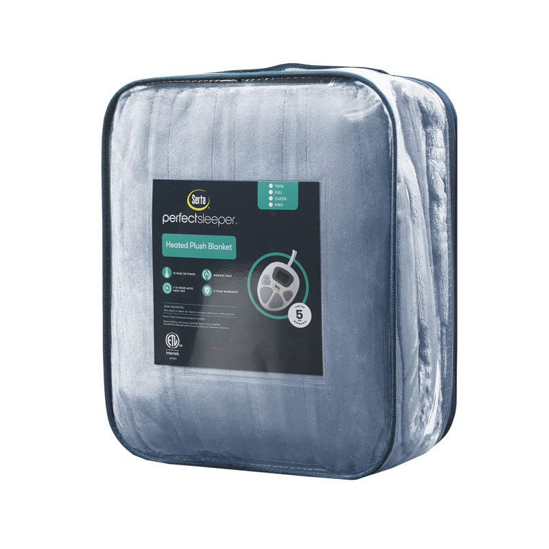 Serta Parsa Heated Plush Blanket, Lit double, Bleu mer