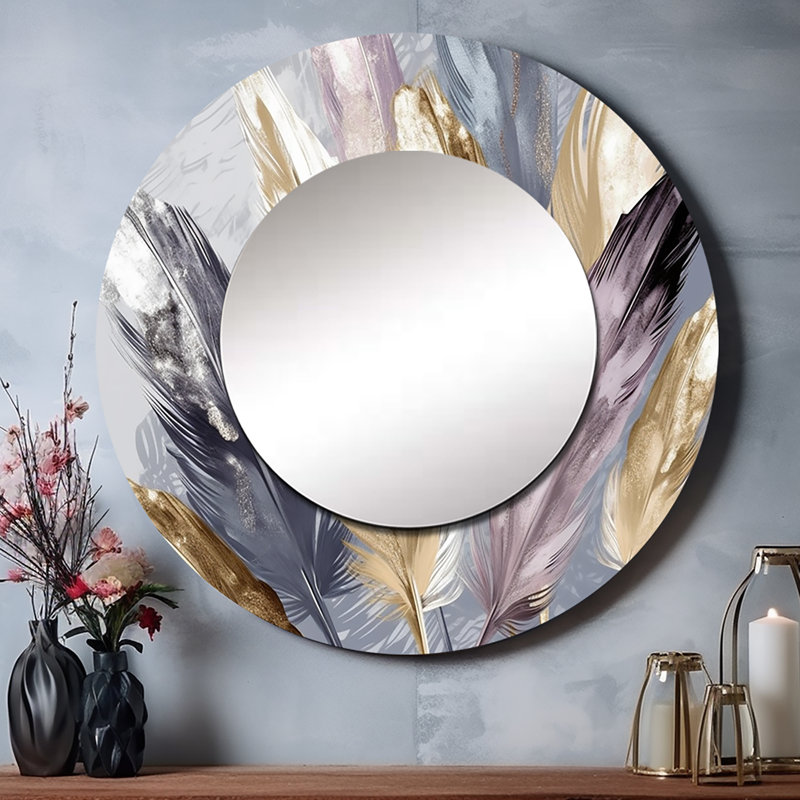 Purple Feather Boho Majesty - Glam Feather Round Mirror Wall Decor_MTMIR62355, 29 po x 29 po