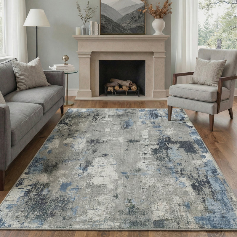 Mignone Artisan Flow Modern Machine Washable Slate Blue Indoor Area Rug With Non-Slip Backing, Rectangle 9' x 12'