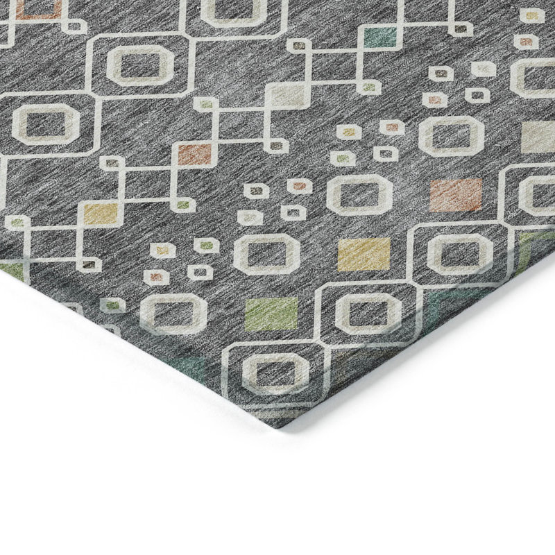 3' X 5' Gray Ivory And Gold Geometric Washable Indoor Outdoor Area Rug