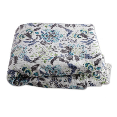 Novica Handmade Kalamkari Garden Kantha Embroidered Cotton Bedspread (Queen)