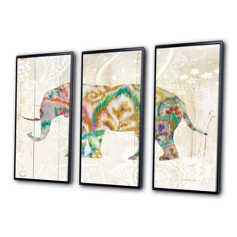 «Boho Paisley Elephant II Vii», ensemble d'art mural sur toile encadré bohémien et éclectique, Noir