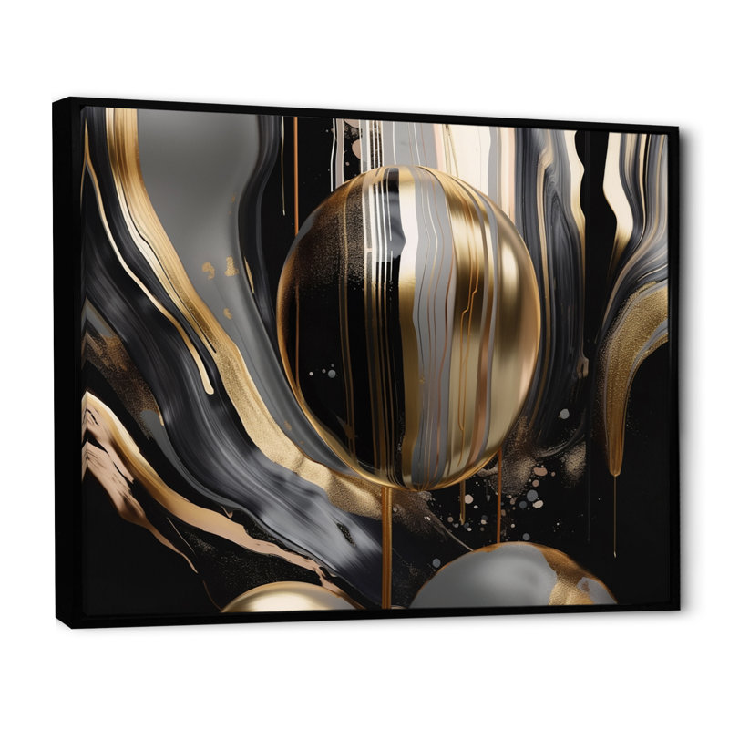Marbre doré et noir captivant III - art mural abstrait en marbre, Reproduction avec cadre flottant, Noir, H 24 po x l 32 po