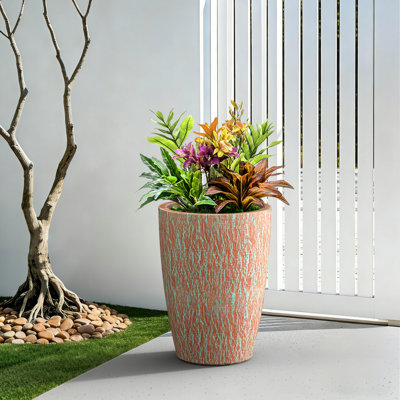 Grand pot à fleurs rond en béton 14 po avec trous de drainage en sarcelle (intérieur amélioré) pour l'intérieur et l'extérieur