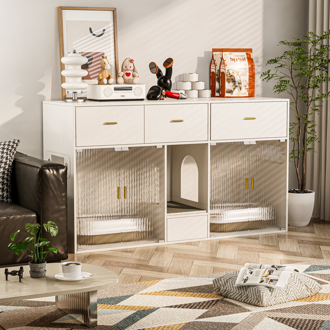 Teniya Cat Litter Box Enclosure For 2 Cats, 61.4'' Furniture Style Double Hidden Kitten Litter Box Cat Cabinet With Storage For Large Cats Hokku Designs