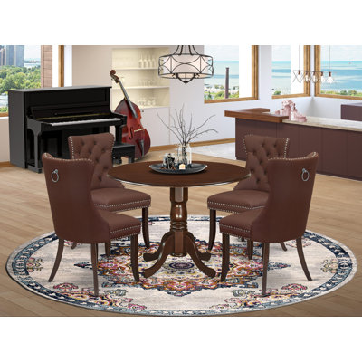 5 Piece Kitchen Table Set Includes a Round Dining Table with Dropleaf and 4 Upholstered Chairs, Mahogany