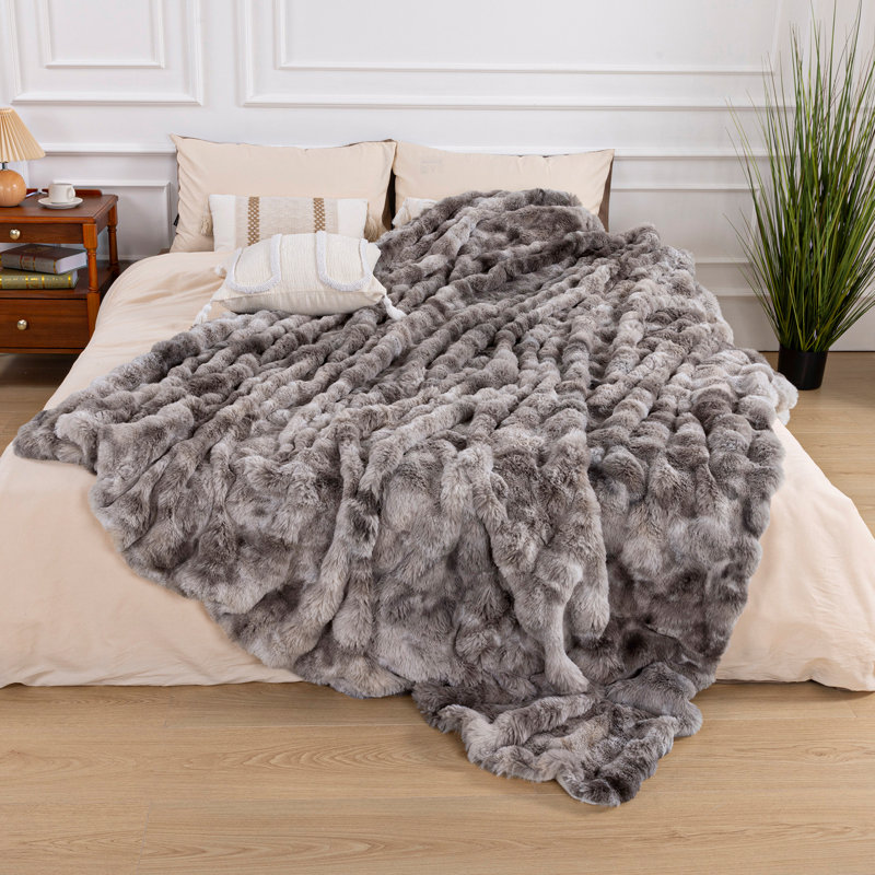 Jeté en fausse fourrure chaude et luxueuse, couverture réversible pour canapé, salon, chambre à coucher, Blanc / Gris