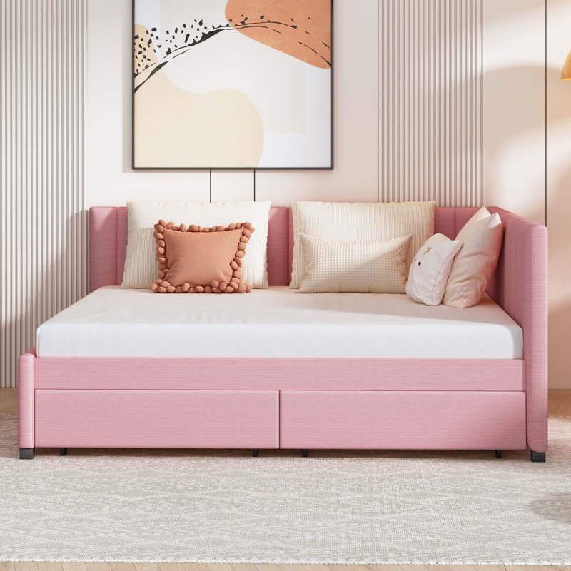 Canapé-lit double en lin rose avec 2 tiroirs de rangement, support en lattes de bois, aucun sommier nécessaire, Rose
