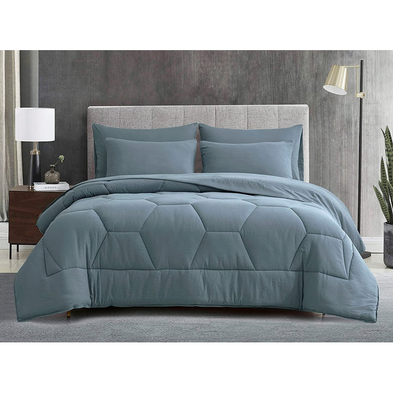 Washed Microfiber 7-Pieces Honeycomb Comforter Set with Sheets, Full / Double Comforter + 6 Additional Pieces, Dusty Blue
