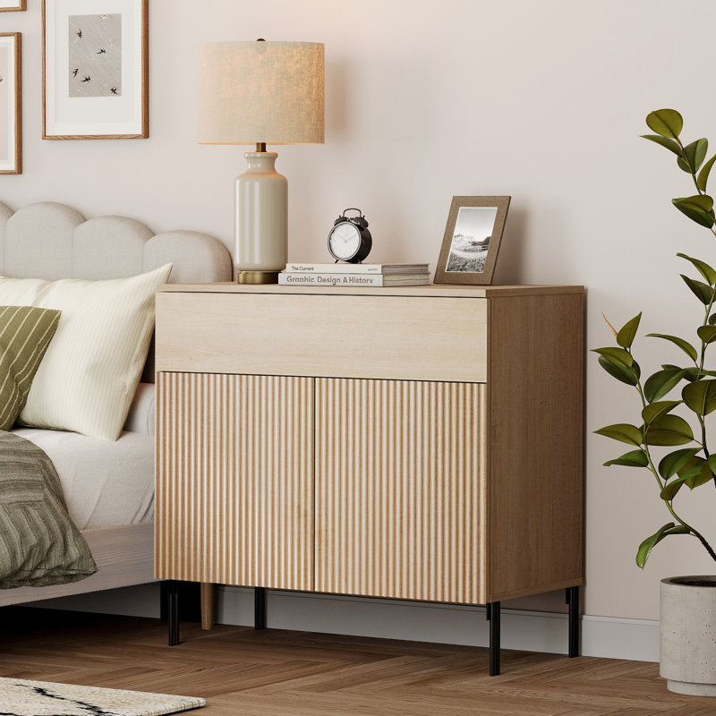Union Rustic Modern Minimalist Nightstand,31.5" Wood End Table,Reeded Design Bedside Table For Bedroom, Living Room,Entryway