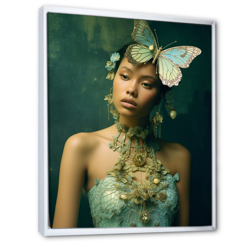 Modèle sarcelle avec bijoux papillon - reproduction sur toile, 32" H x 24" W, Cadre flottant blanc
