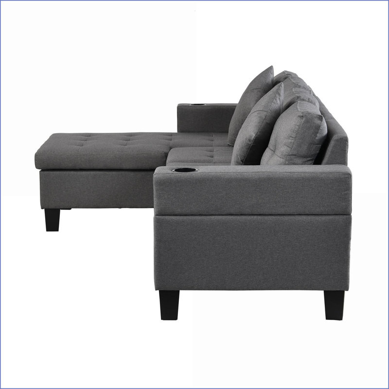 Canapé modulaire avec méridienne gauche / droite, porte-gobelets, tissu gris ardoise moderne à 4 places | Taille standard