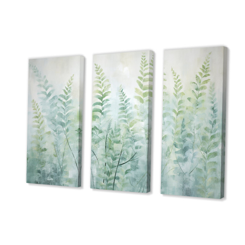 Fougères vertes vertes et blanches I sur toile, 3 pièces, H 40 po x l 60 po x P 1 po