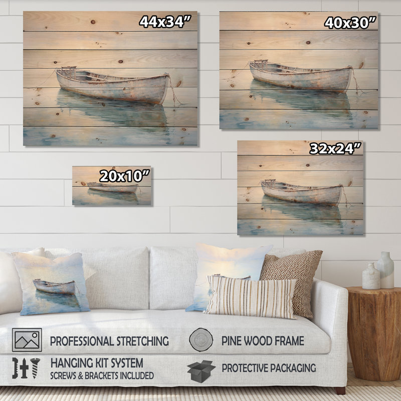 Bateau, eaux éthérées, impression sur bois naturel, H 30 po x l 40 po x P 0,78 po