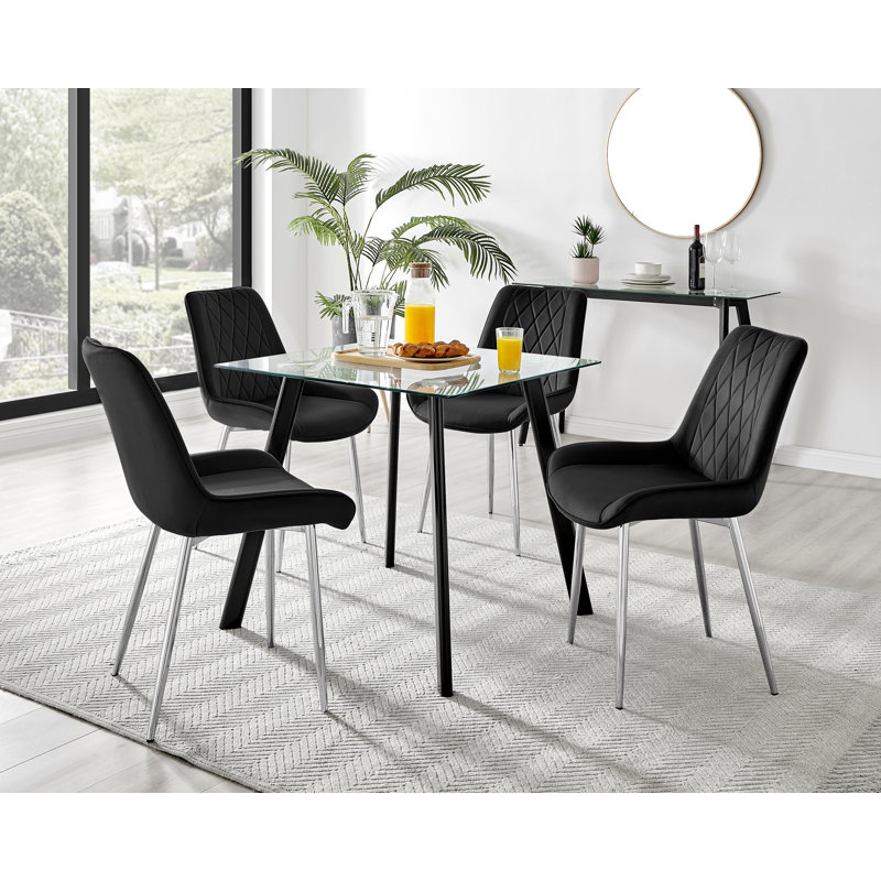 Scandinavian Style Glass and Metal Leg Square Dining Table Set - 4 Modern Velvet Dining Chairs, Black/Silver