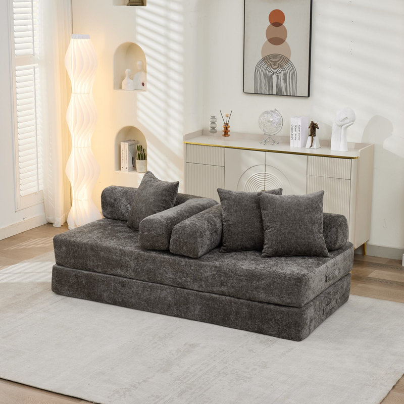 Modern Chenille Futon Sofa Bed With Pillows, Gray Chenille