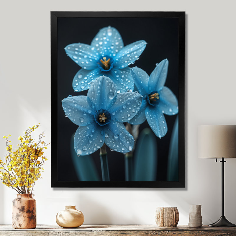 Photo de jonquilles goutte de pluie monochrome - jonquilles murales, Cadre simple noir, H 30 po x l 40 po