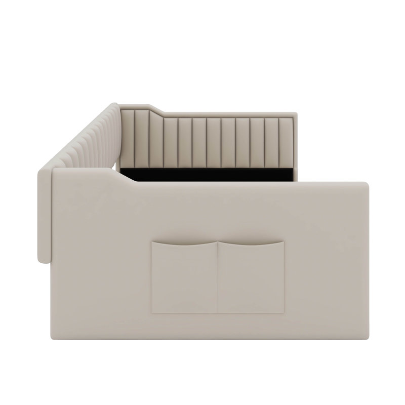 Upholstery Daybed With Side Storage Pocket, Beige, Twin Extra-Long