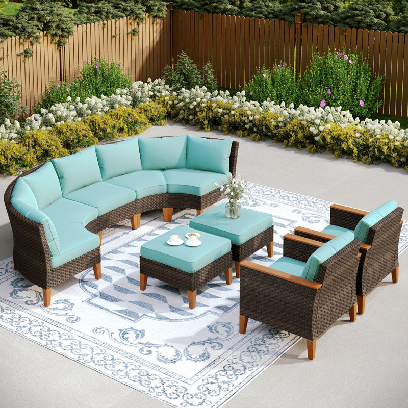 Argyri Wicker Outdoor Patio Conversation Furniture Sectional Set with Fire Pit Table, Blue, No
