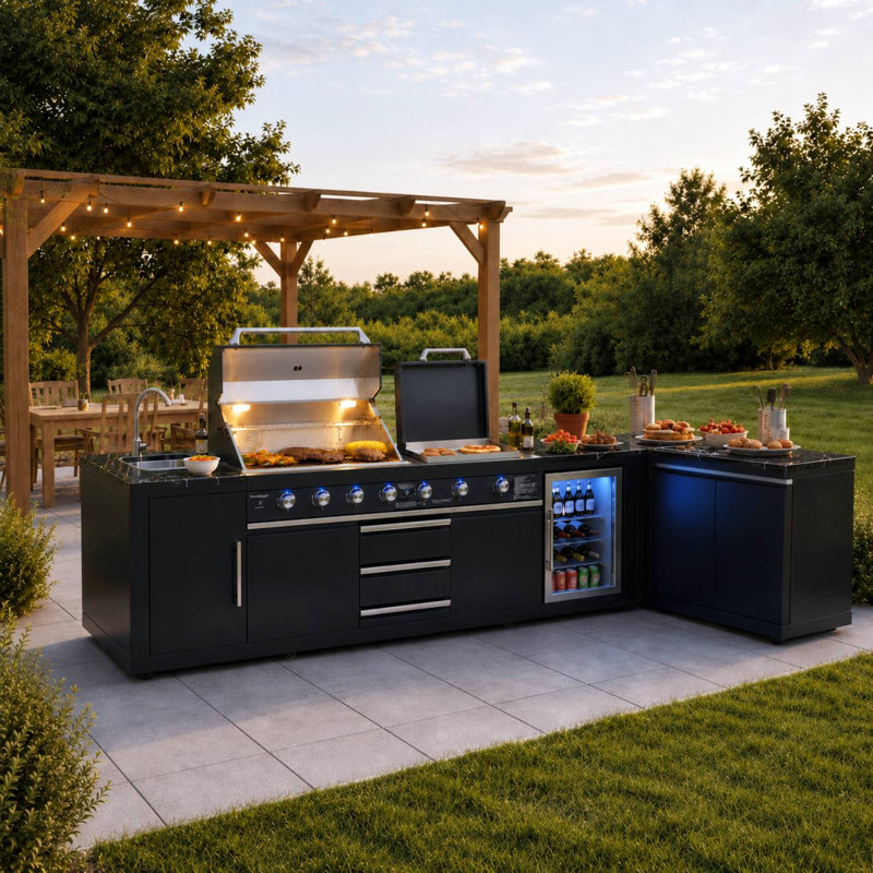  Ensemble d'îlot de cuisine extérieur modulaire 5 pièces avec barbecue, réfrigérateur et roulettes Akoah